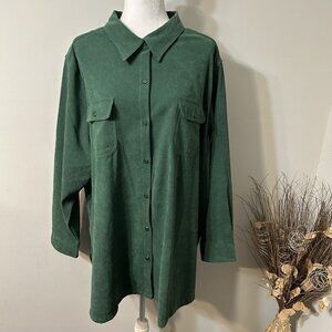 Roaman's Women Green Faux Suede Long Sleeves Button Up Shirt Tunic Top Size 2X